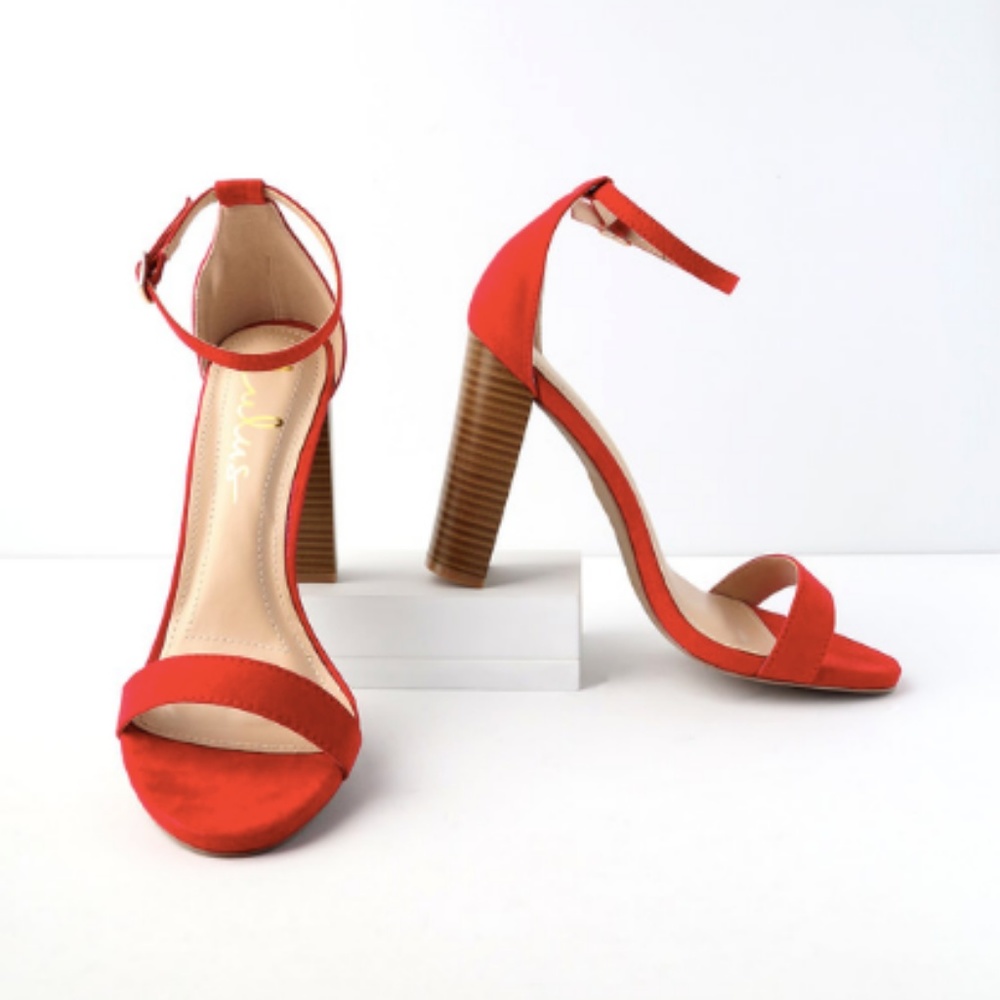 RED SUEDE STACKED ANKLE STRAP HEELS